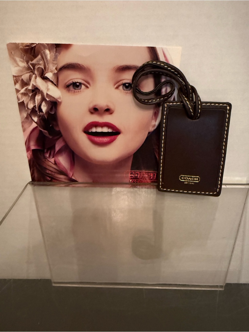 Coach Dark Brown Leather ID Luggage Tag with Contrast Stitching